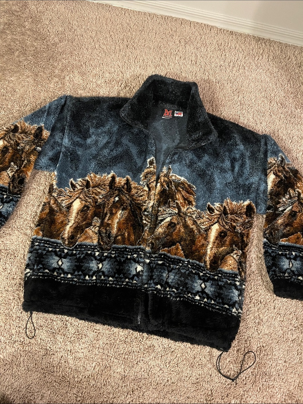 VTG 90s Mazmania Sherpa Horse Print Jacket - Black & Brown